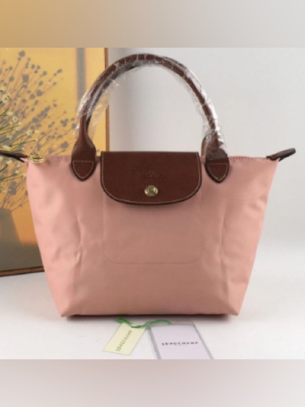 Longchamp Pink Tote with Brown Leather Trim